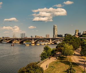 Превью обои мост, река, здания, деревья, облака, небо