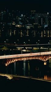 Превью обои мост, река, здания, ночь, темный