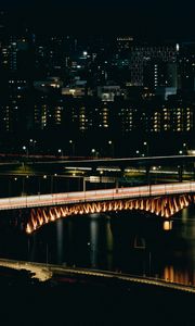 Превью обои мост, река, здания, ночь, темный