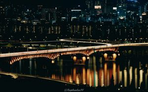 Превью обои мост, река, здания, ночь, темный