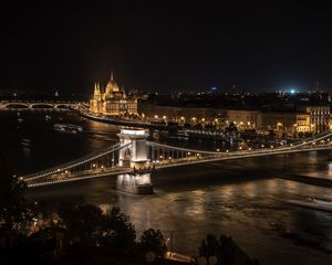 Превью обои мост, река, здания, башня, огни, ночь, город