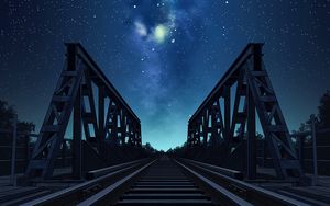 Превью обои мост, рельсы, звездное небо, ночь, арт