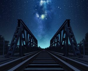 Превью обои мост, рельсы, звездное небо, ночь, арт