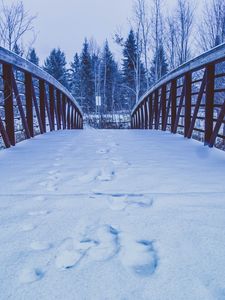 Превью обои мост, снег, следы, зима