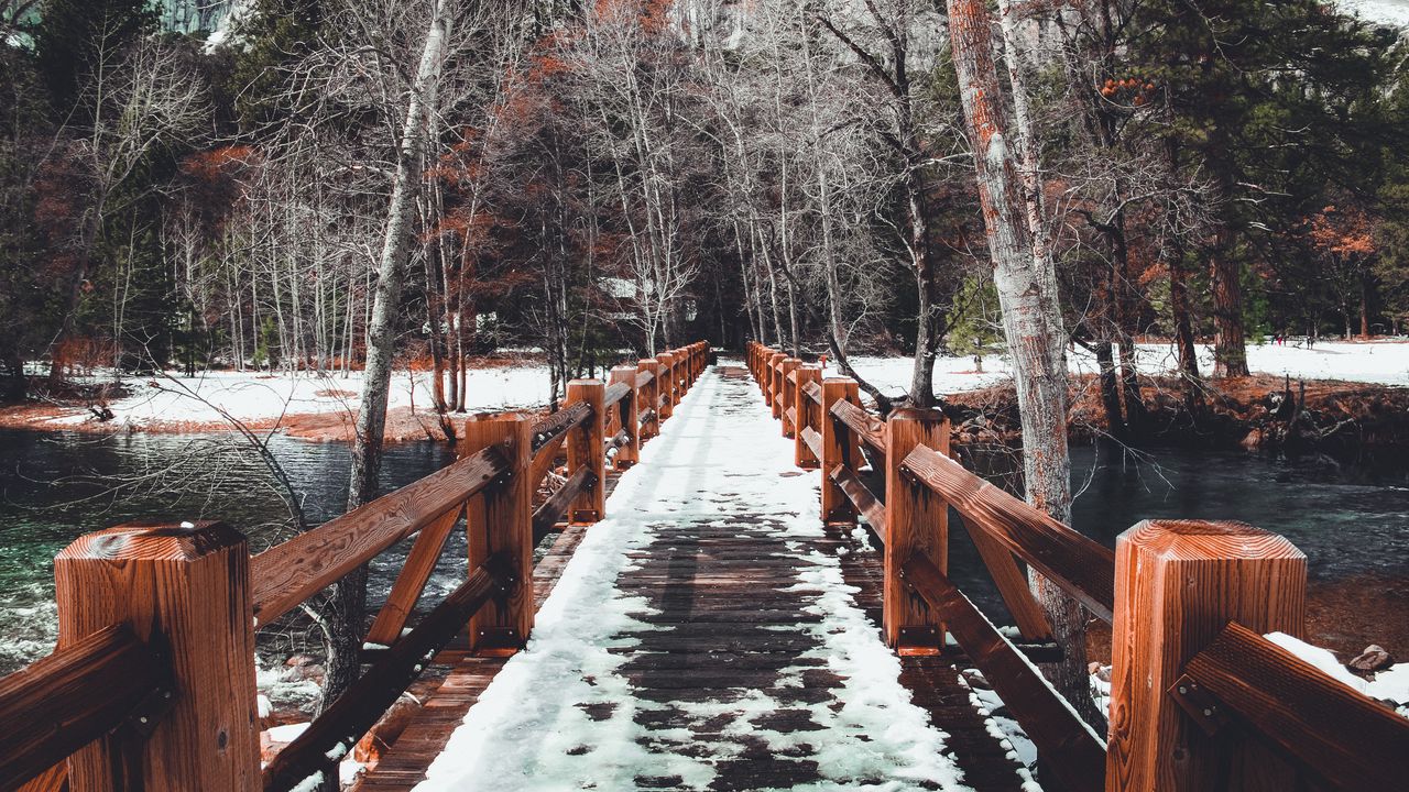 Обои мост, снег, зима, деревья, весна