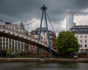 Превью обои мост, сваи, дома, река