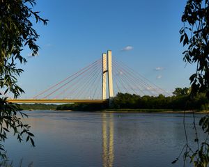 Превью обои мост, сваи, река, деревья, листья