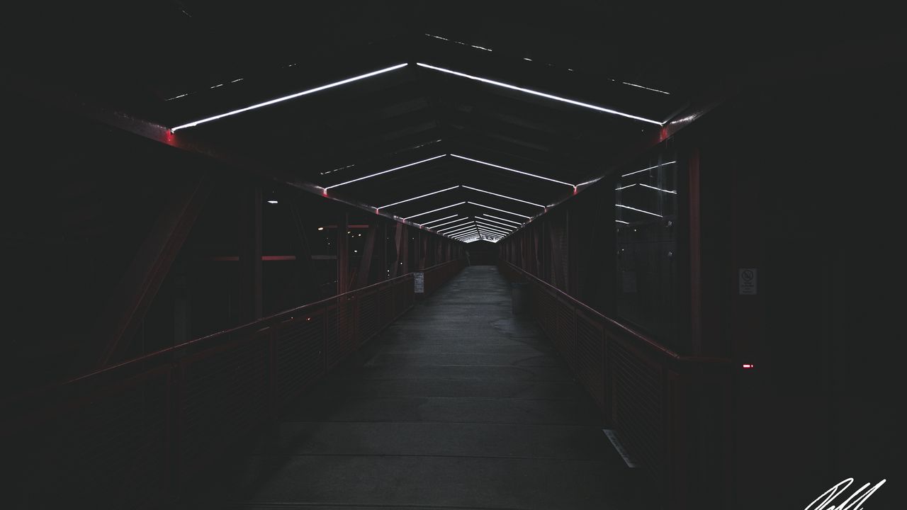 Обои мост, тоннель, неон, свечение, темный