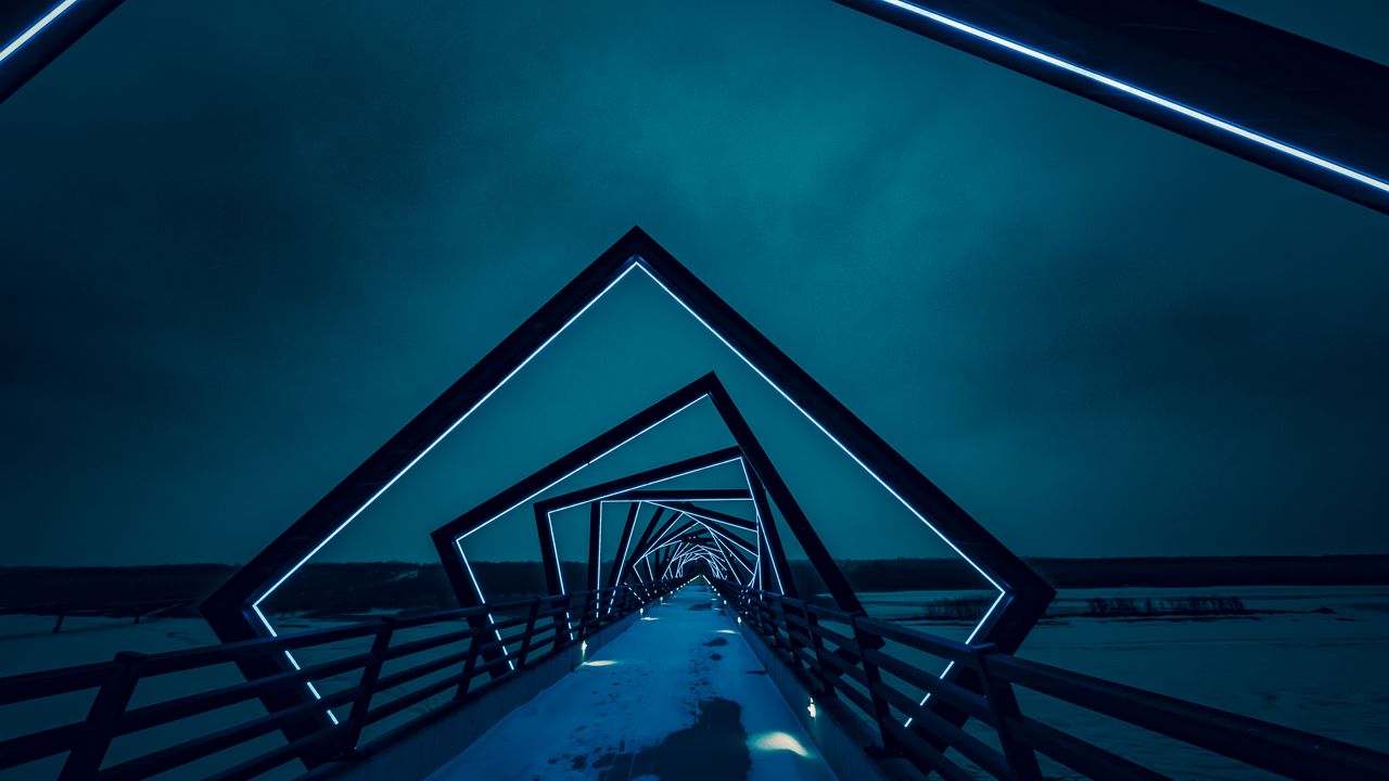 Обои мост, тоннель, неон, подсветка, синий, ночь