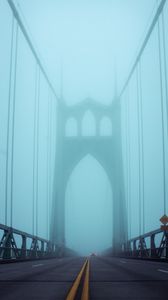 Превью обои мост, туман, фары, движение, город