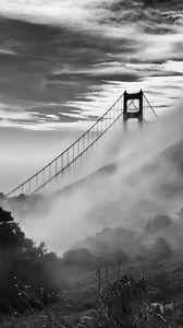 Превью обои мост, туман, кусты, облака, природа, черно-белый
