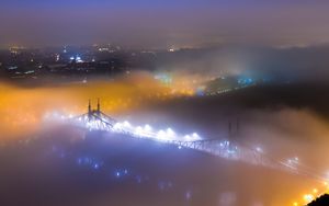 Превью обои мост, туман, ночной город, вид сверху, будапешт, венгрия
