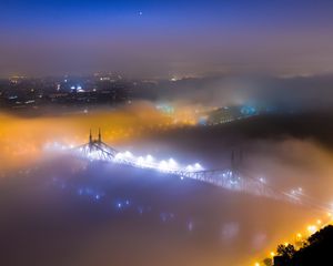 Превью обои мост, туман, ночной город, вид сверху, будапешт, венгрия