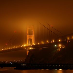 Превью обои мост, туман, огни, ночь, темный