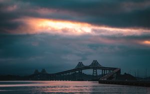 Превью обои мост, вечер, закат, дорога