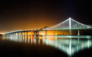 Превью обои мост, вода, отражение, свечение, ночь