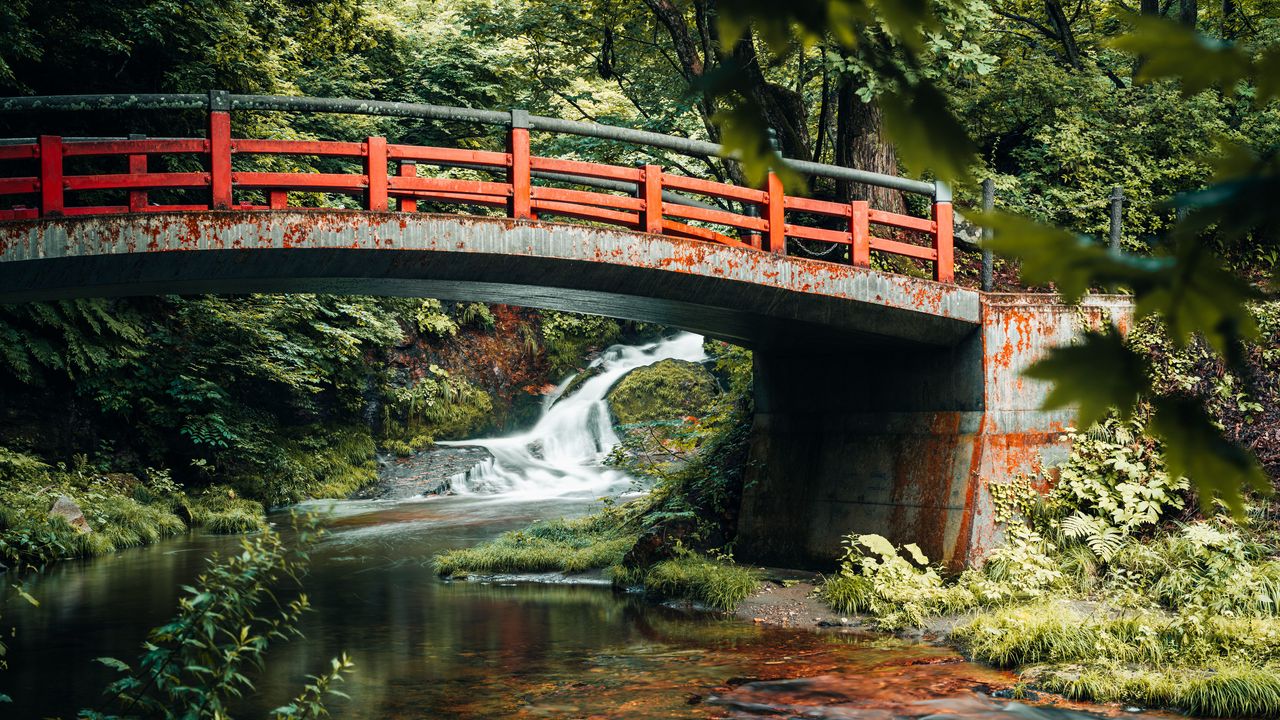 Обои мост, водопад, река, природа