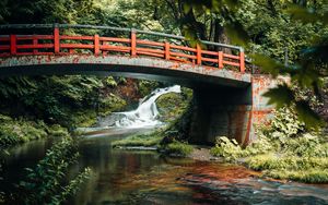 Превью обои мост, водопад, река, природа