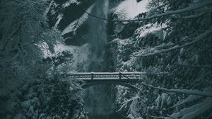Превью обои мост, водопад, снег, деревья, зима
