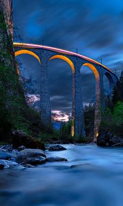 Превью обои мост, высота, река, скалы, ночь