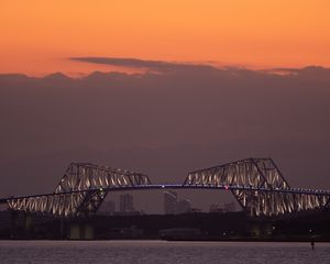 Превью обои мост, закат, подсветка, залив, архитектура