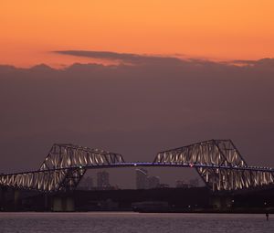 Превью обои мост, закат, подсветка, залив, архитектура