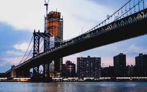 Превью обои мост, здание, огни, строительство, вода