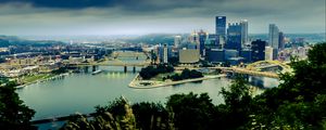 Превью обои мост, здания, река, город, деревья