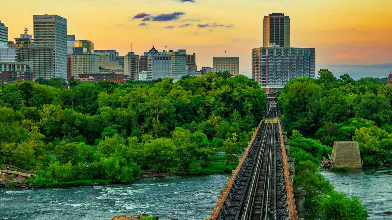 Обои мост, железная дорога, река, город, закат, пейзаж