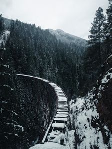 Превью обои мост, железная дорога, снег, деревья, горы, заснеженный