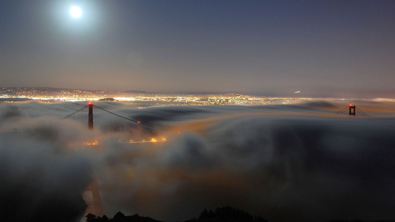 Обои мост золотые ворота, golden gate bridge, свет, луна, туман, ночь, сан-франциско, калифорния, сша
