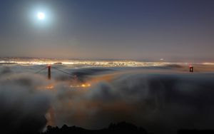 Превью обои мост золотые ворота, golden gate bridge, свет, луна, туман, ночь, сан-франциско, калифорния, сша