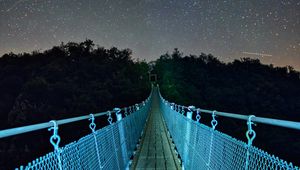 Превью обои мост, звездное небо, звезды, деревья, ночь