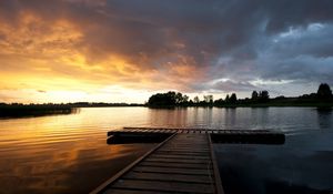 Превью обои мостик, пирс, закат, небо, пейзаж, цвета, живописные