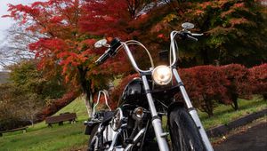 Превью обои мотоцикл, байк, черный, деревья, осень, мото