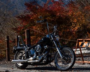 Превью обои мотоцикл, байк, чоппер, черный, природа, осень