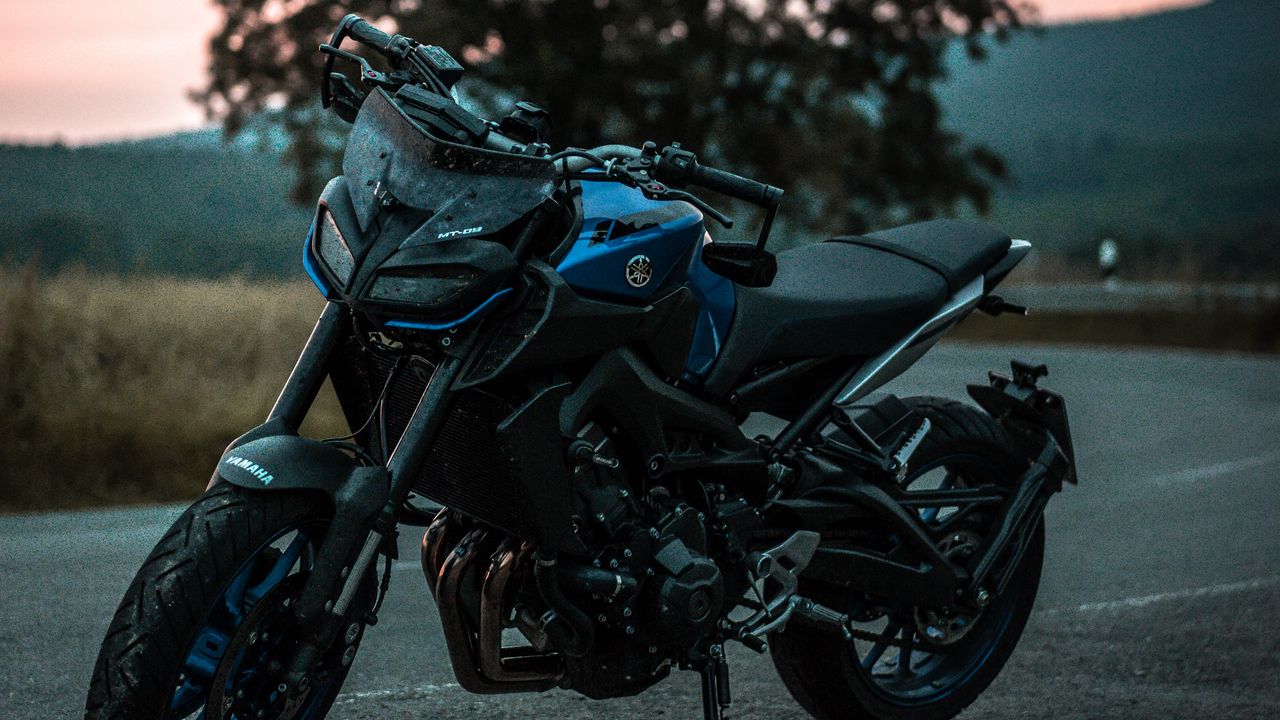 Обои мотоцикл, байк, спортивный, черный, синий, вид сбоку