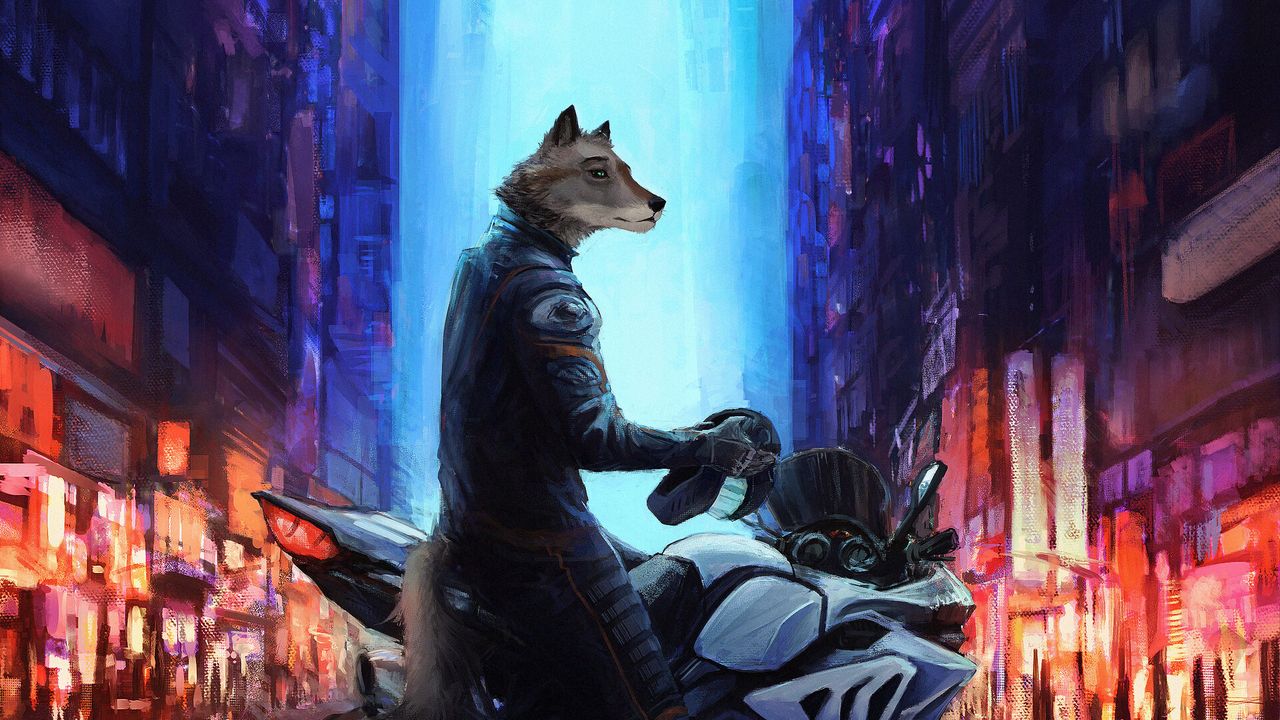 Обои мотоцикл, волк, арт