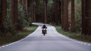 Превью обои мотоциклист, мотоцикл, дорога, лес, движение, поворот