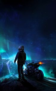 Превью обои мотоциклист, ночь, звездное небо, арт