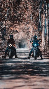 Превью обои мотоциклисты, байкеры, байк, мотоцикл, лес, дорога