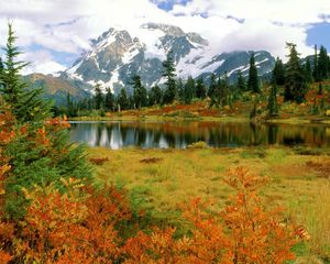 Превью обои mount shuksan, вашингтон, парк, озеро, гора, осень