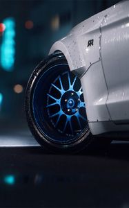 Превью обои mustang gt, mustang, колесо, диск, спорткар, белый, крупным планом