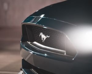 Превью обои mustang, машина, эмблема, свет, фара