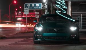 Превью обои mustang, машина, спорткар, вид спереди, темный