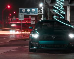 Превью обои mustang, машина, спорткар, вид спереди, темный