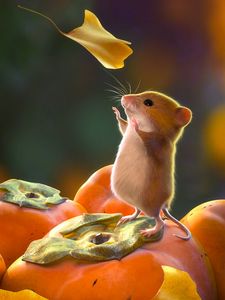 Превью обои мышь, грызун, милый, листья, арт
