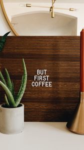 Превью обои надпись, кофе, комнатные растения