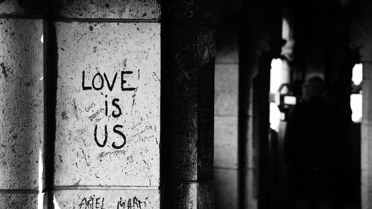 Обои надпись, любовь, чб, стена