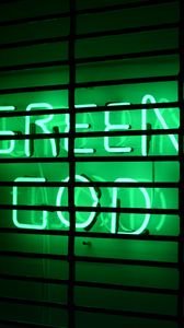 Превью обои надпись, неон, зеленый, решетка, стена